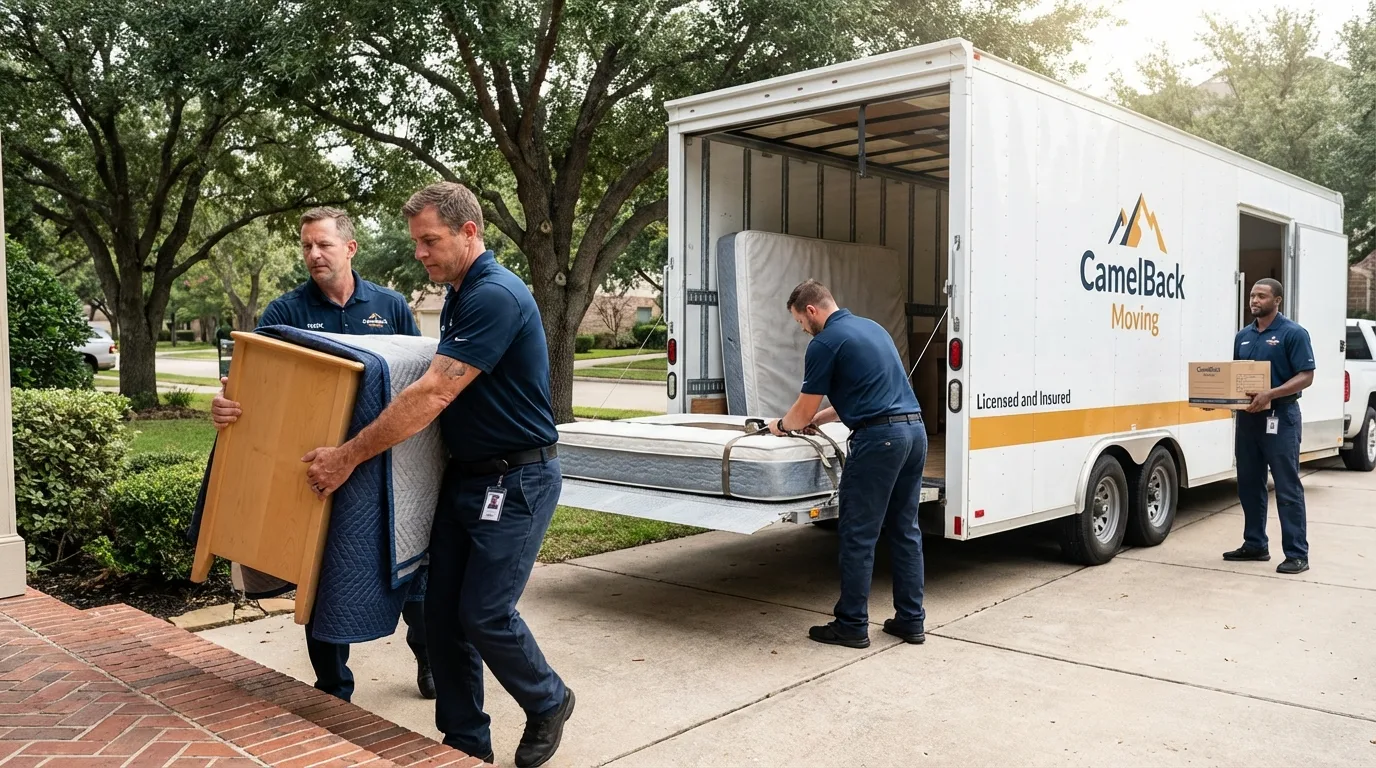 Crew loading residential truck for cross-state move from Belmont, NC