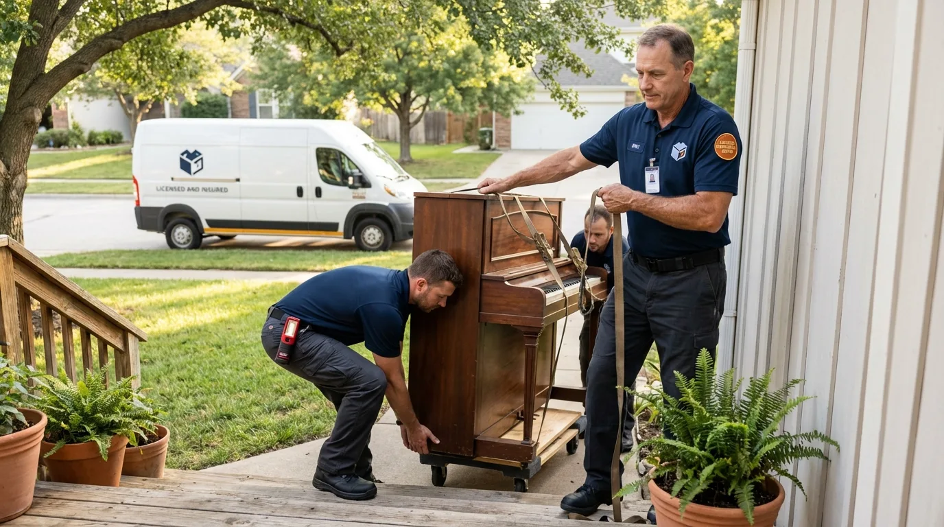 Licensed piano movers securing grand piano in Belmont, NC