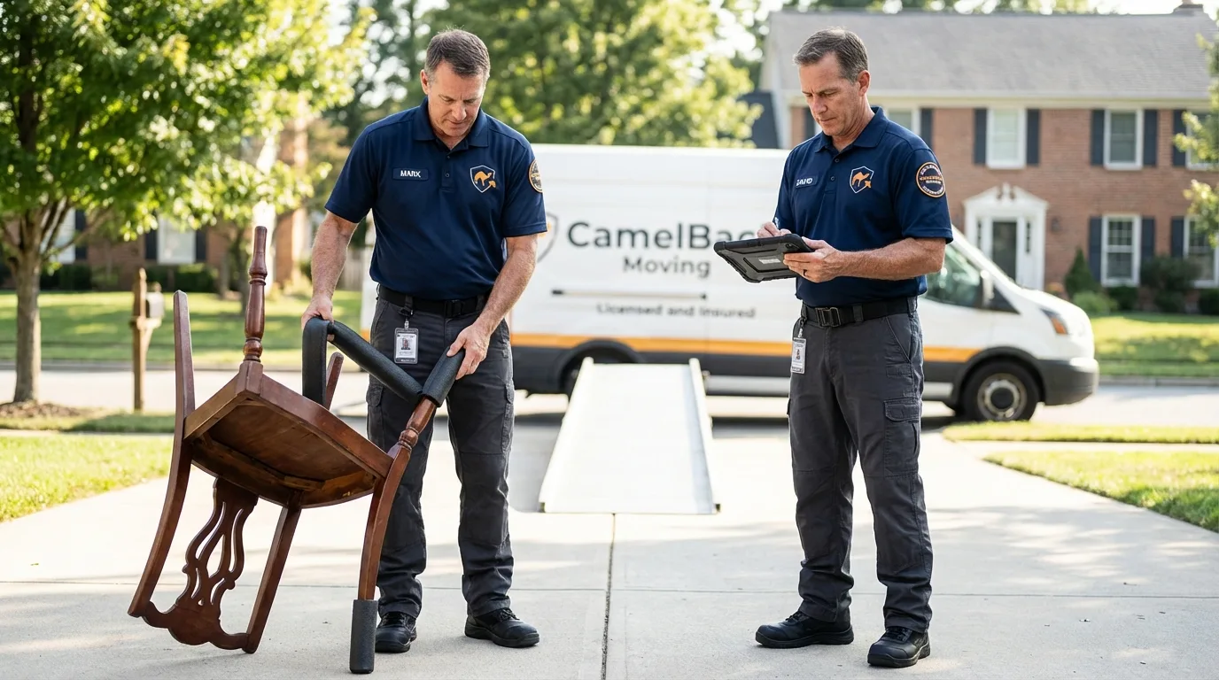 Movers inspecting furniture for damage prevention before loading in Belmont, NC