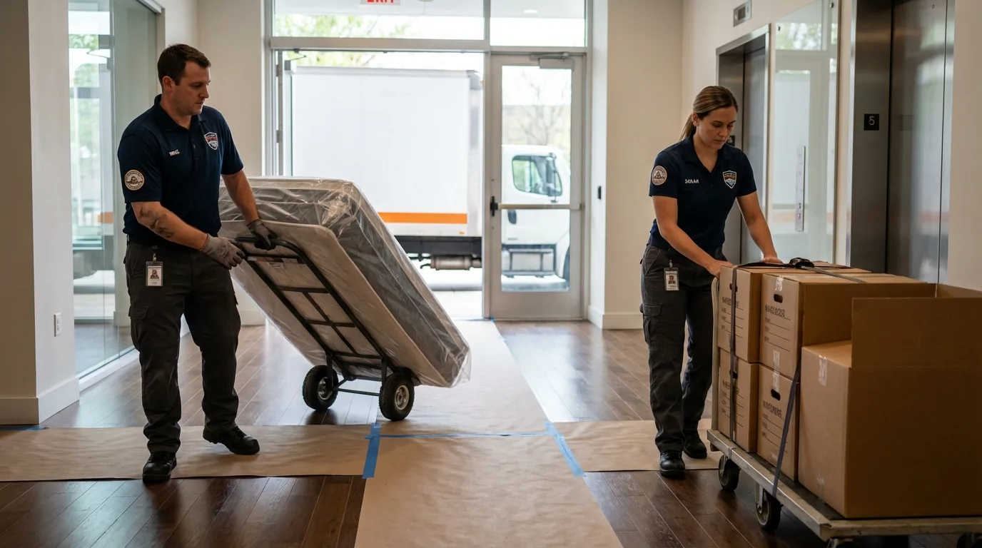 Professional apartment movers loading elevator in Belmont, NC